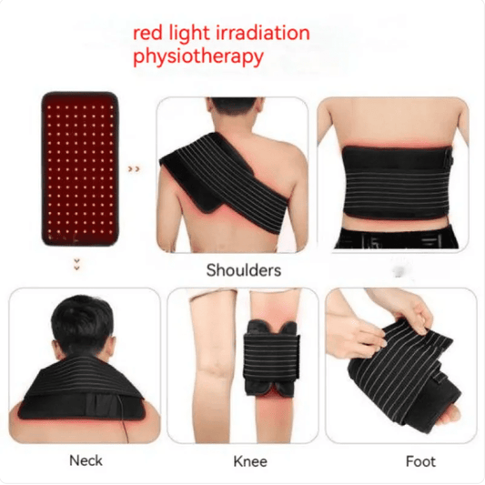 Black physiotherapy device with red light irradiation for various body parts on a white background.