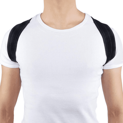 A close-up of a person wearing a white short-sleeve t-shirt with black shoulder support straps attached over the shoulders, shown against a plain white background.