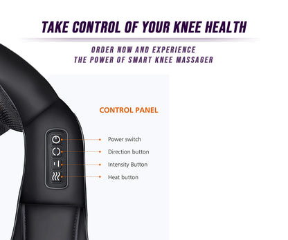 Smart knee massager with control panel and text about controlling knee health.