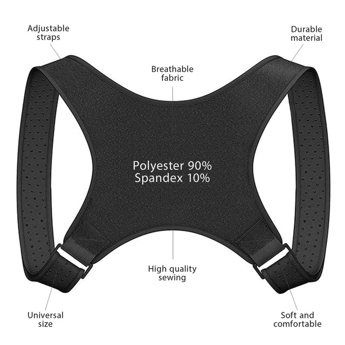 Black posture corrector with text highlighting features on a white background