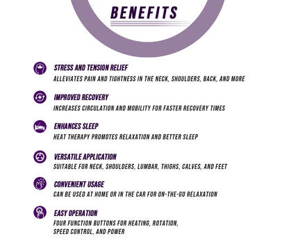 List of benefits on a white background with purple text and icons.