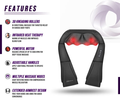 Massage device with features listed on a white background