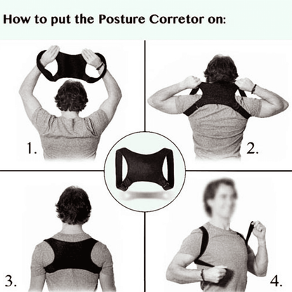 Instructional diagram showing how to put a posture corrector on, with four numbered steps and a central product view. A person is shown from the back and side wearing the black posture corrector, and the diagram includes the text 'How to put the Posture Corrector on:' at the top.