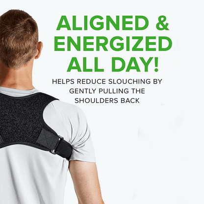 Person wearing a black posture corrector with promotional text on a white background