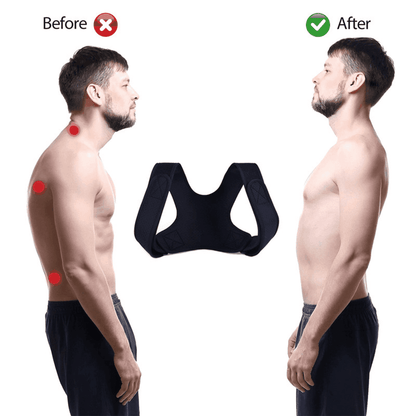 Before and after comparison of a man wearing a black posture corrector.