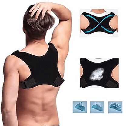 Person wearing a black posture corrector with inset images showing its design and features.