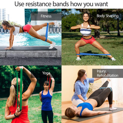 Four scenarios showing people using resistance bands for fitness, body shaping, yoga, and injury rehabilitation.
