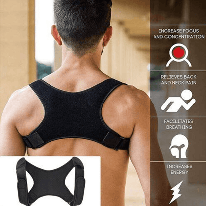 Person wearing a black posture corrector with features listed on the right.