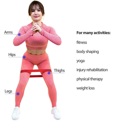 Woman in pink workout attire using resistance bands with labeled muscle groups and activities.